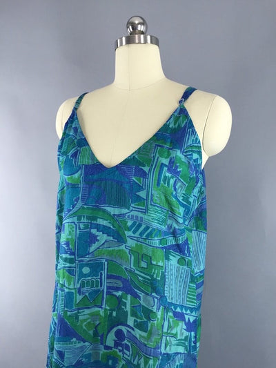 Silk Maxi Dress / Vintage Indian Silk Sari / Blue Abstract Print / TALL Long Dress - ThisBlueBird