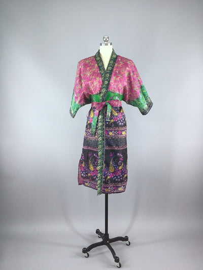 Silk Organdy Sari Robe / Pink and Blue Floral Print - ThisBlueBird
