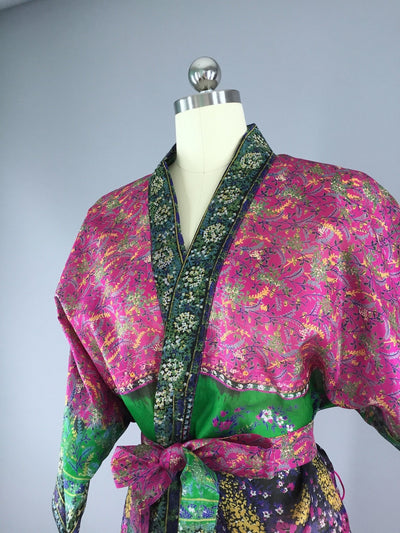 Silk Organdy Sari Robe / Pink and Blue Floral Print - ThisBlueBird