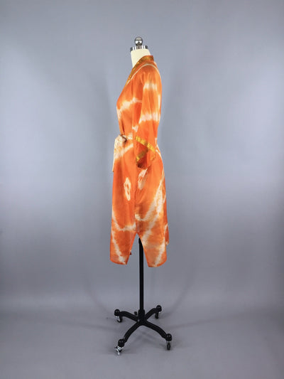 Silk Robe Kimono / Vintage Indian Sari / Orange Tie Dye - ThisBlueBird