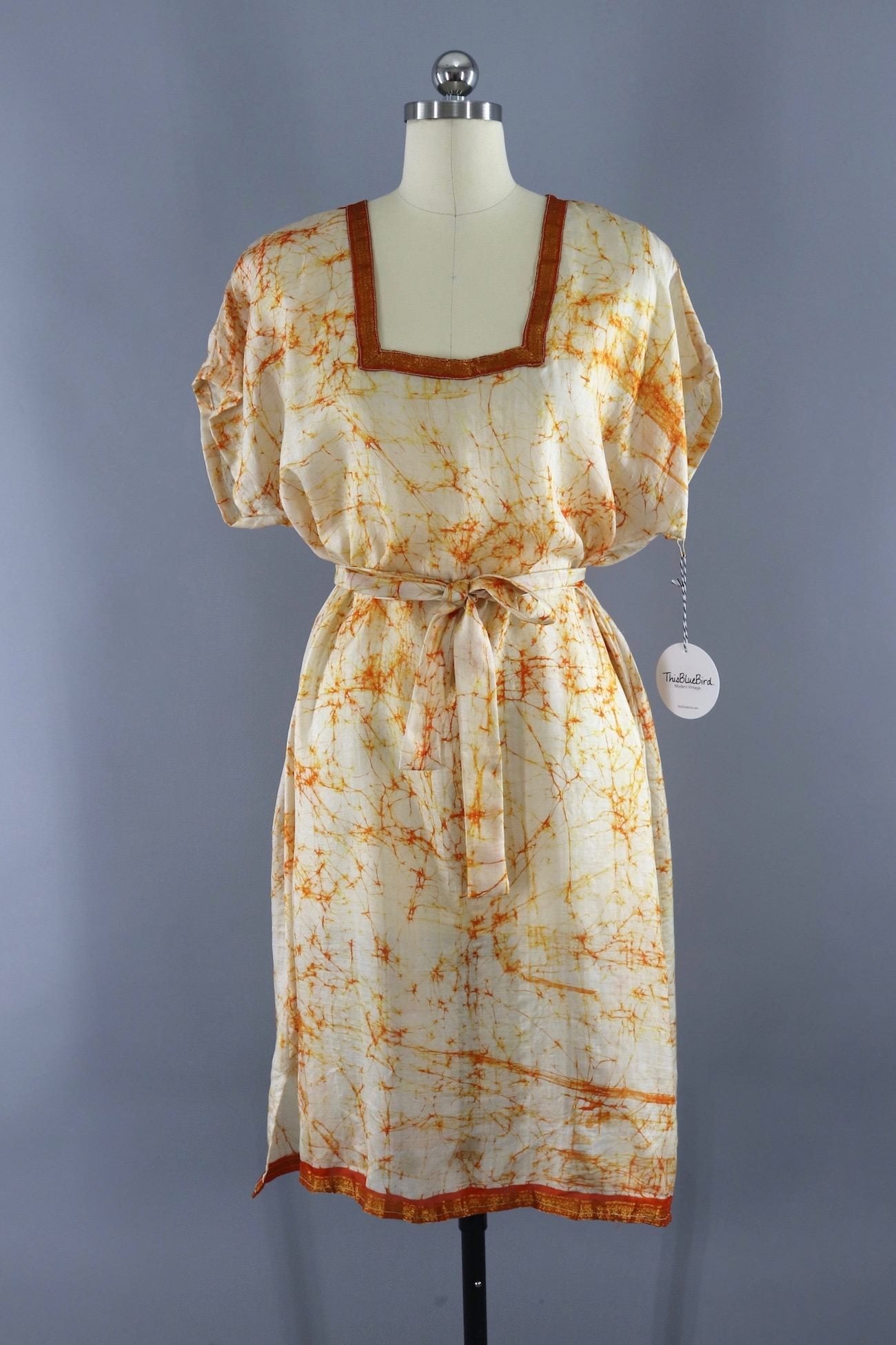 Silk Sari Kaftan Dress / Orange Tie Dye - ThisBlueBird
