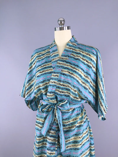 Silk Sari Robe / Aqua Paisley Stripes - ThisBlueBird