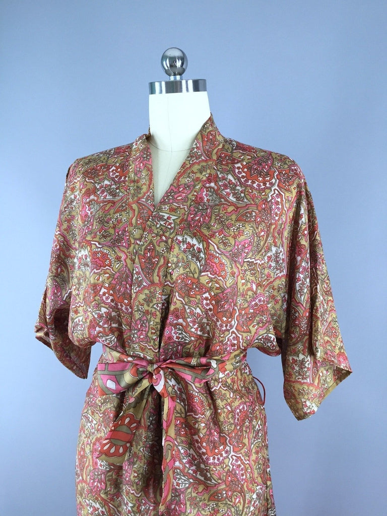 Silk Sari Robe / Autumn Tan Floral - ThisBlueBird