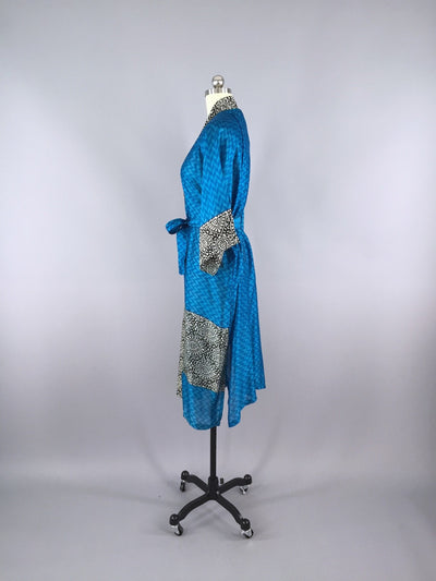 Silk Sari Robe / Blue Chevron Print - ThisBlueBird