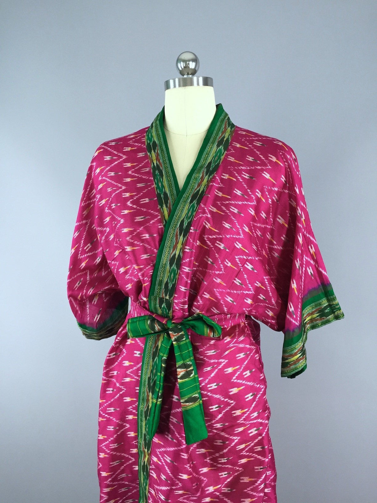 Sari Robe Silk Sari Robe / Bright Pink & Green Ikat – ThisBlueBird