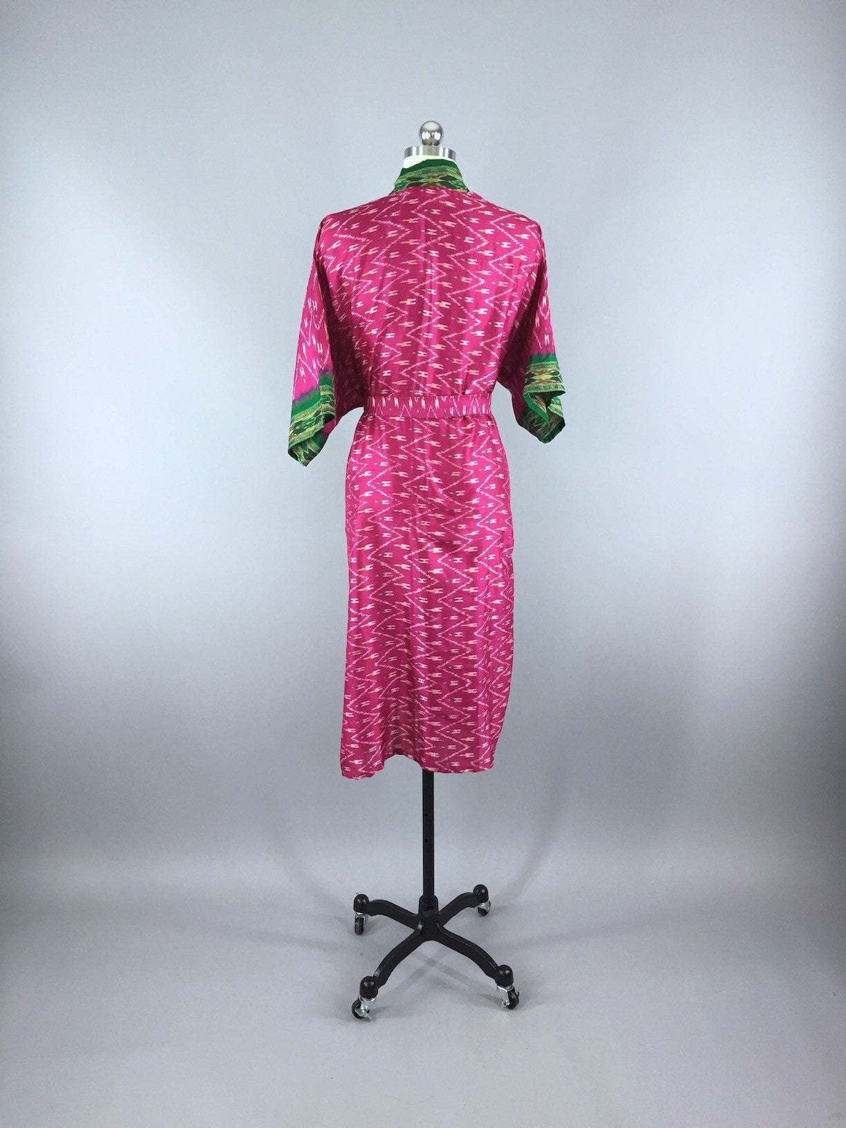 Silk Sari Robe / Bright Pink & Green Ikat - ThisBlueBird