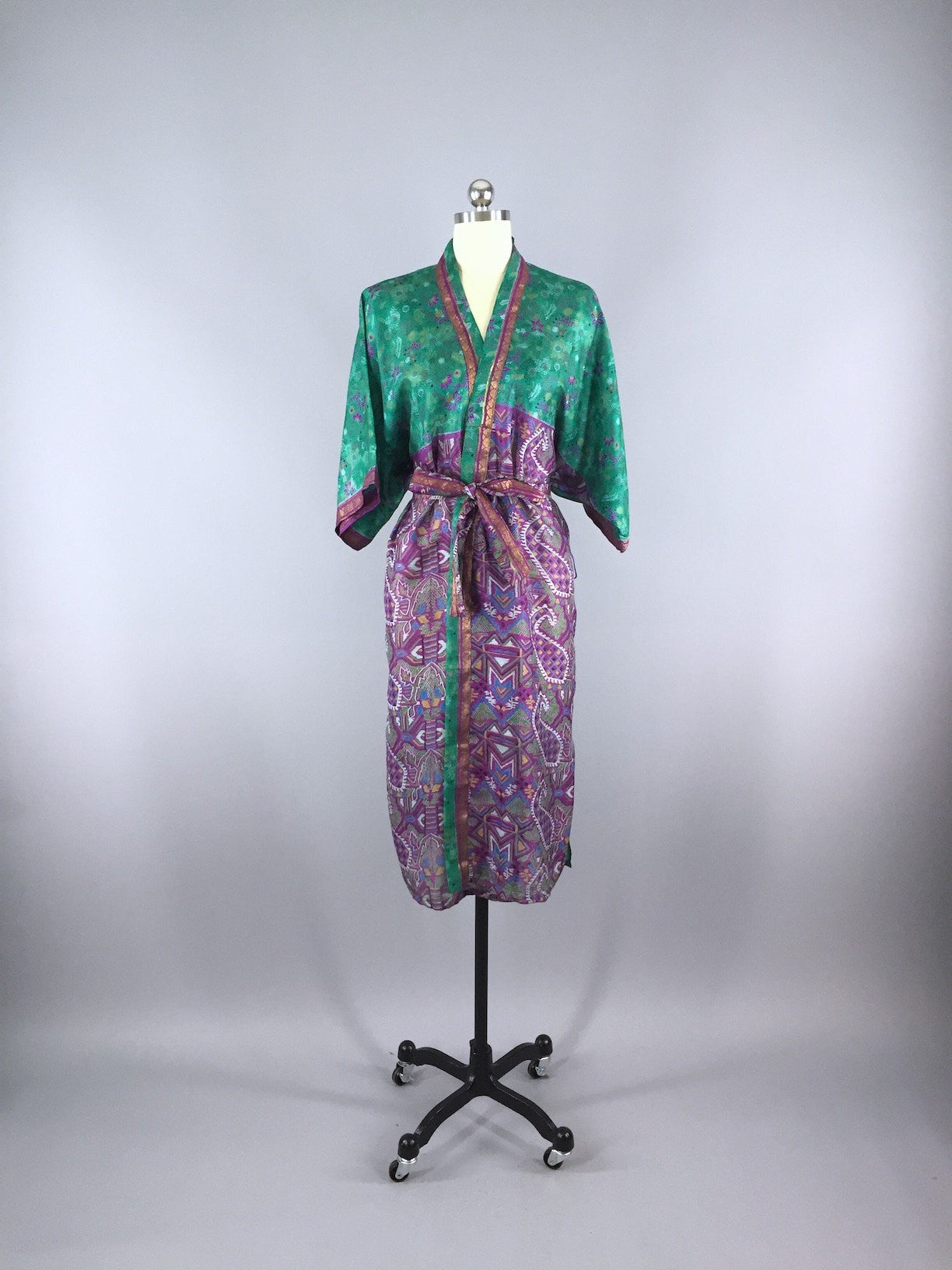 Silk Sari Robe / Emerald Green & Purple Print - ThisBlueBird