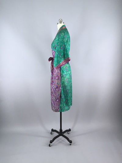 Silk Sari Robe / Emerald Green & Purple Print - ThisBlueBird