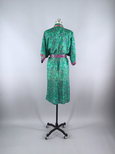 Silk Sari Robe / Emerald Green & Purple Print - ThisBlueBird