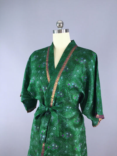 Silk Sari Robe / Forest Green Floral Print - ThisBlueBird