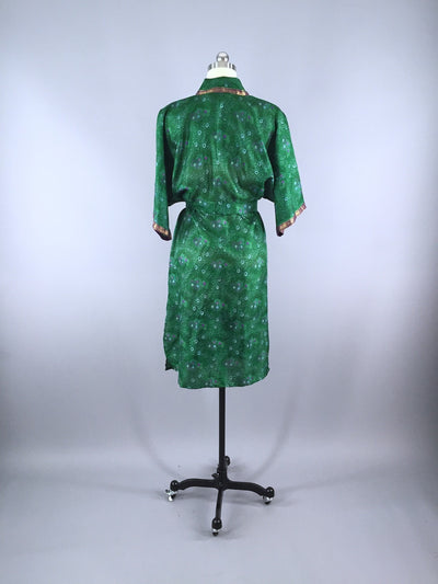 Silk Sari Robe / Forest Green Floral Print - ThisBlueBird