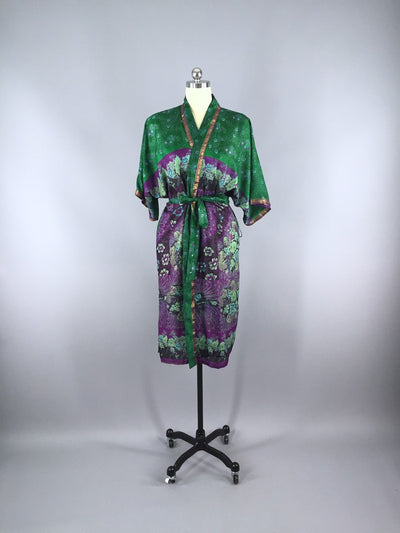 Silk Sari Robe / Forest Green & Purple Floral Print - ThisBlueBird