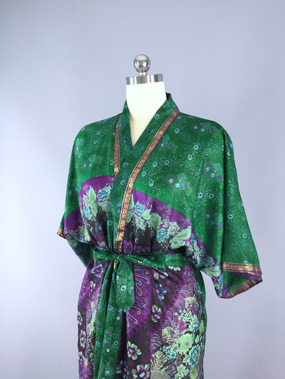 Silk Sari Robe / Forest Green & Purple Floral Print - ThisBlueBird