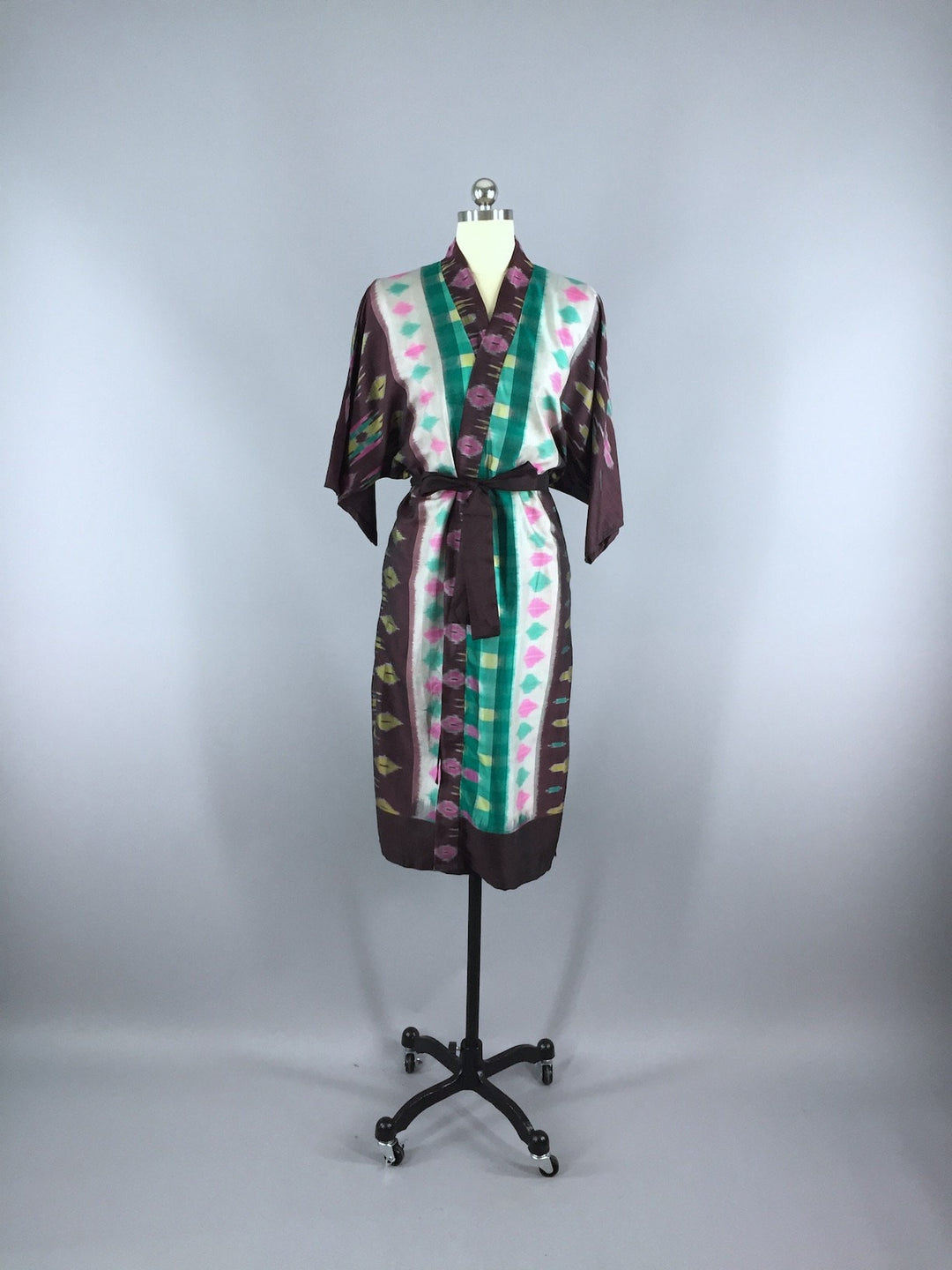 Silk Sari Robe / Green &amp; Brown Ikat - ThisBlueBird