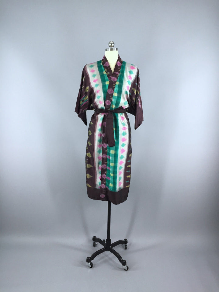 Silk Sari Robe / Green &amp; Brown Ikat - ThisBlueBird