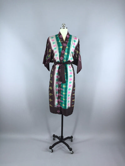 Silk Sari Robe / Green & Brown Ikat - ThisBlueBird