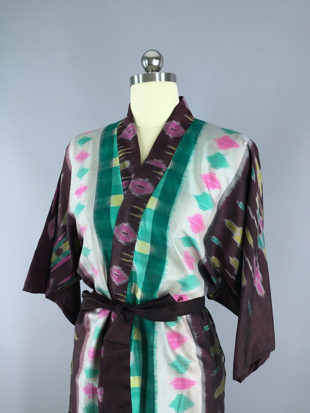 Silk Sari Robe / Green & Brown Ikat - ThisBlueBird