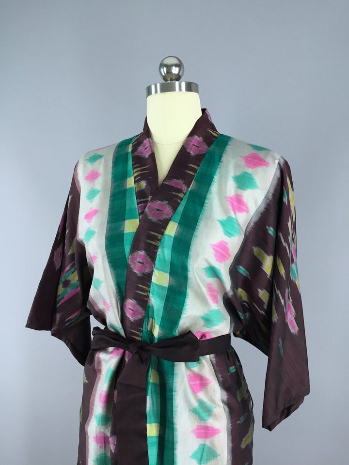 Silk Sari Robe / Green &amp; Brown Ikat - ThisBlueBird