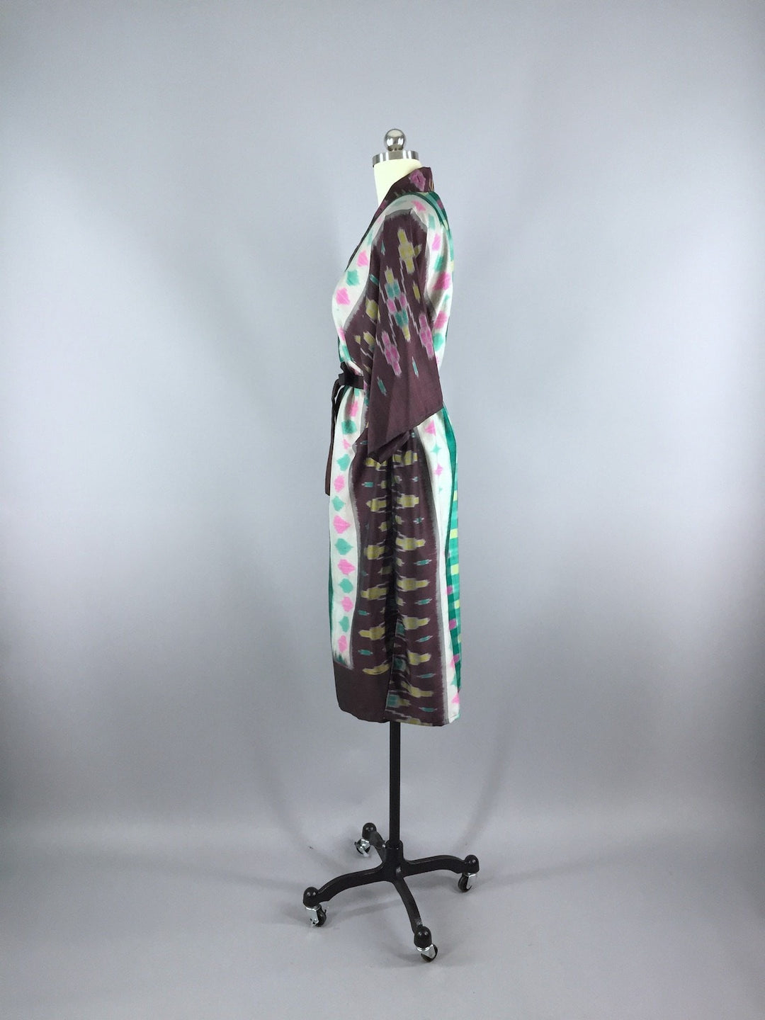 Silk Sari Robe / Green &amp; Brown Ikat - ThisBlueBird