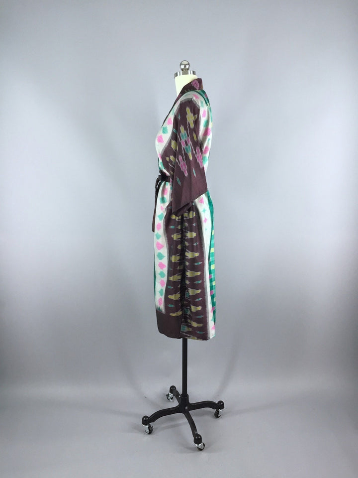 Silk Sari Robe / Green &amp; Brown Ikat - ThisBlueBird