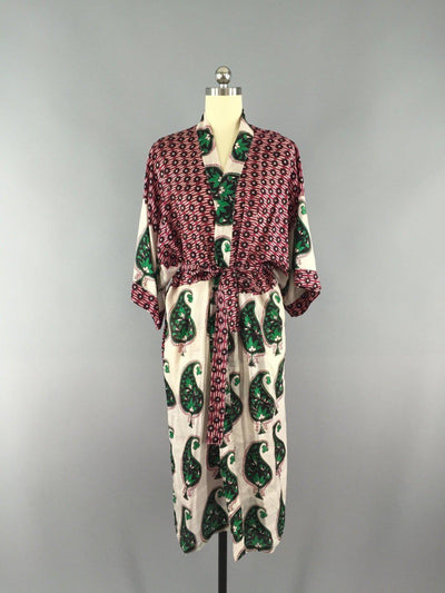 Silk Sari Robe / Green Paisley Print - ThisBlueBird