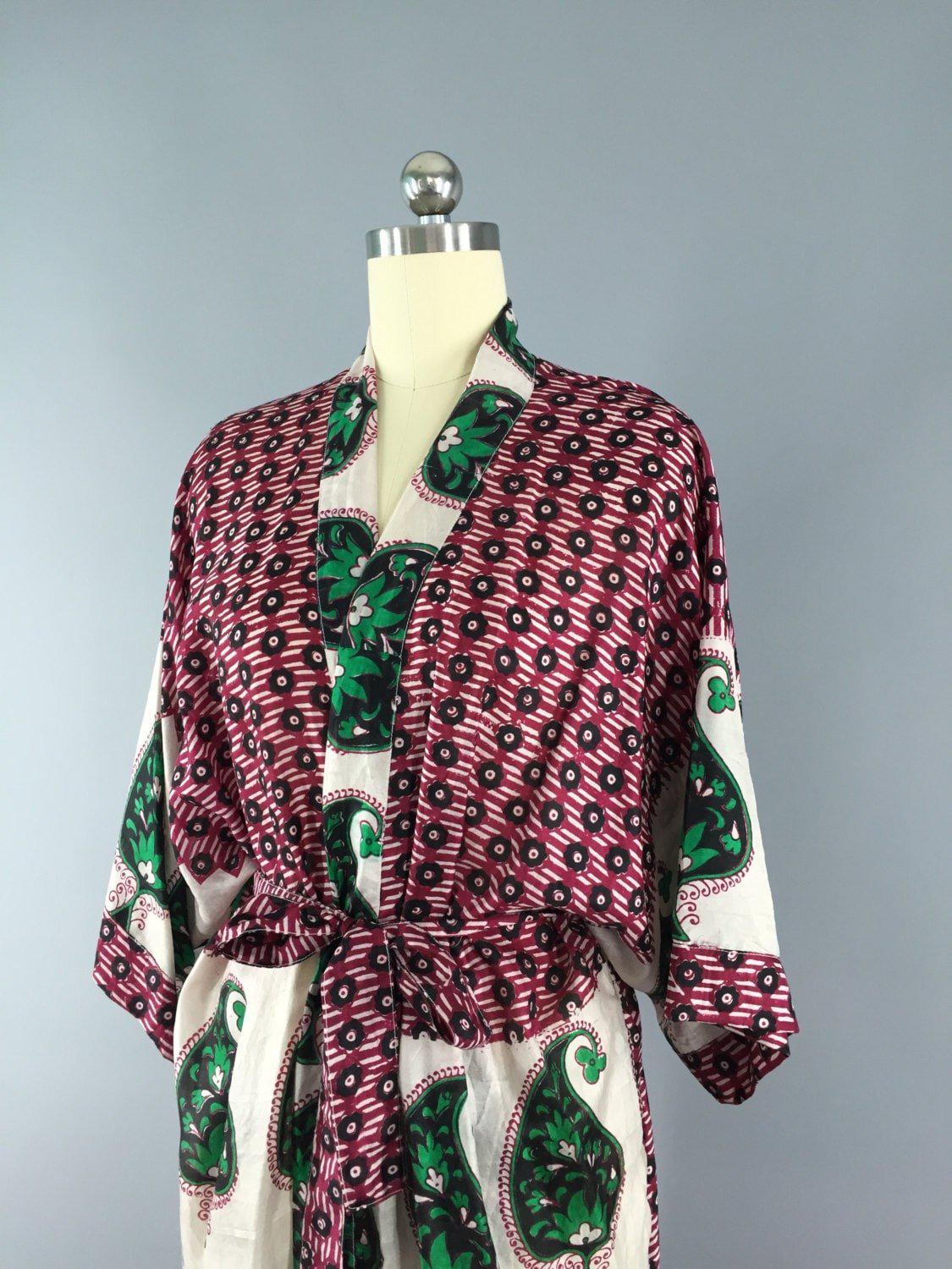 Silk Sari Robe / Green Paisley Print - ThisBlueBird