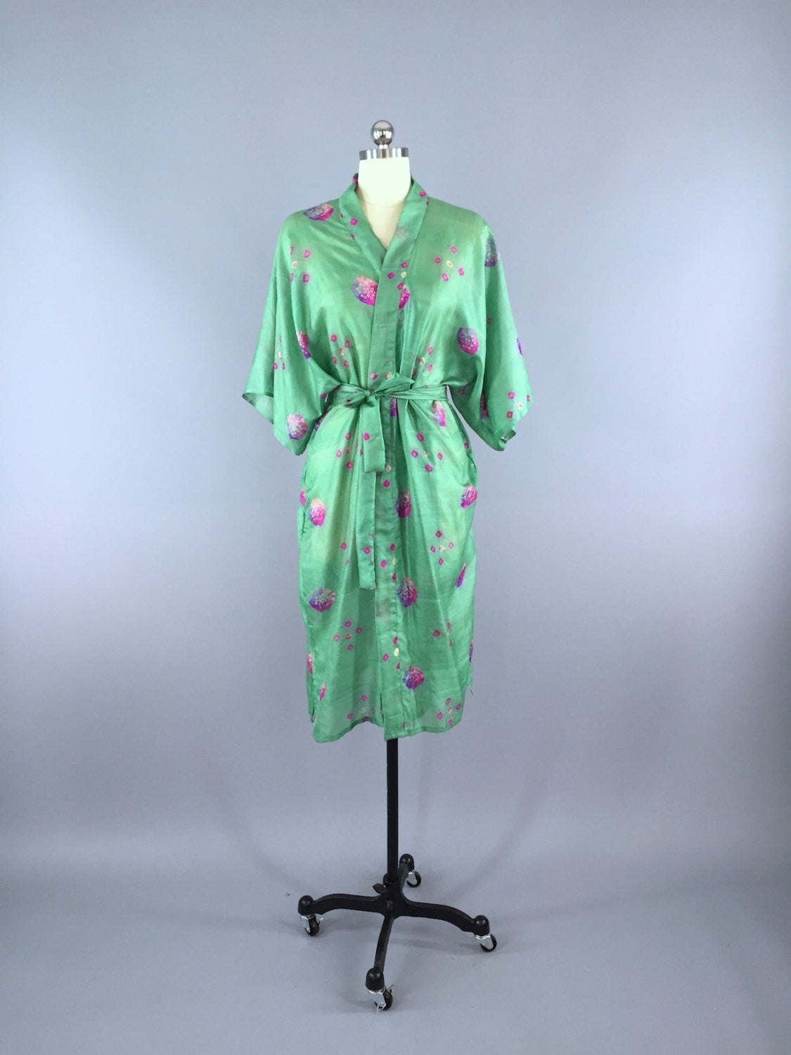 Silk Sari Robe / Green & Pink Shibori Print - ThisBlueBird