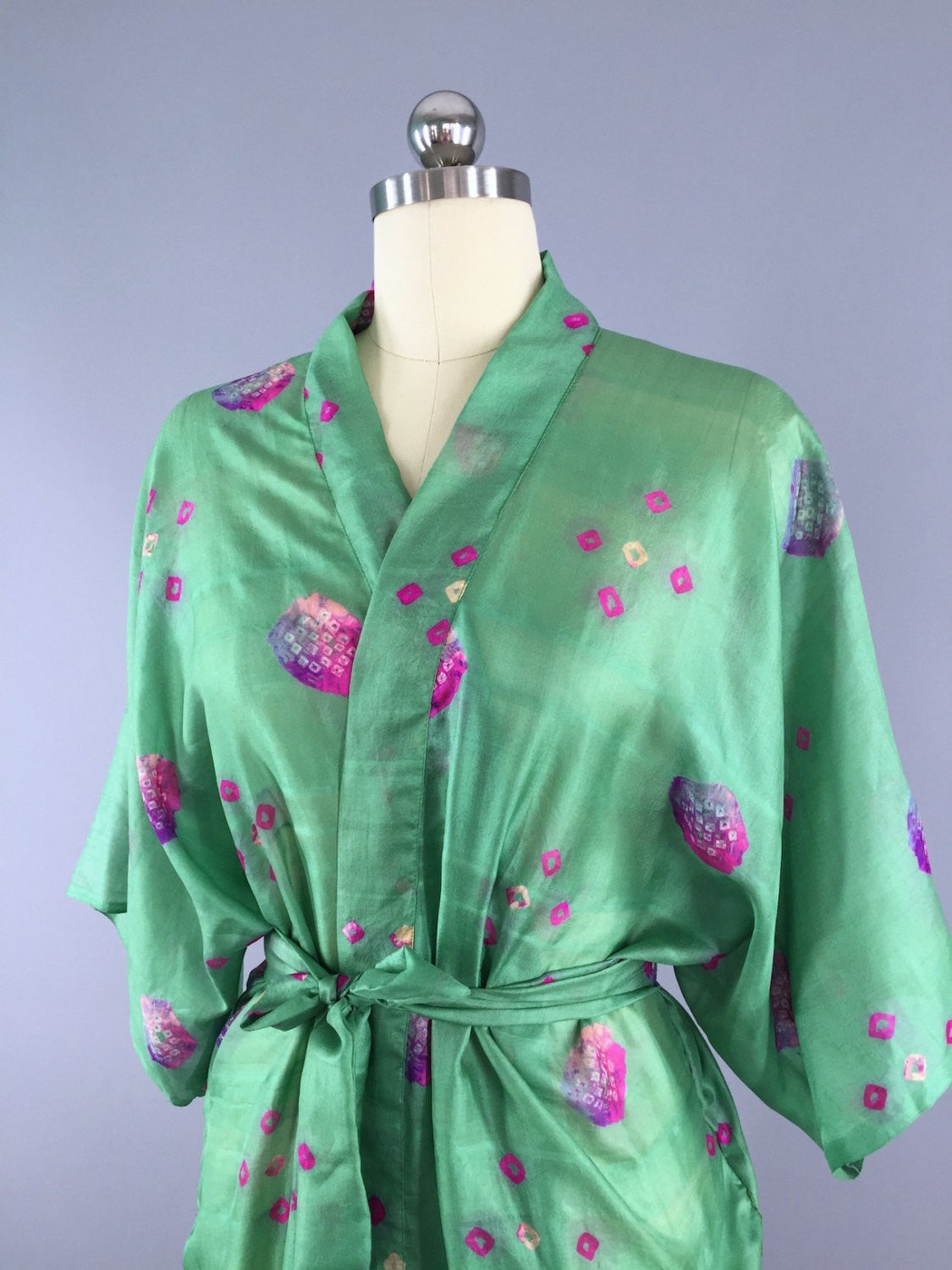 Silk Sari Robe / Green & Pink Shibori Print - ThisBlueBird