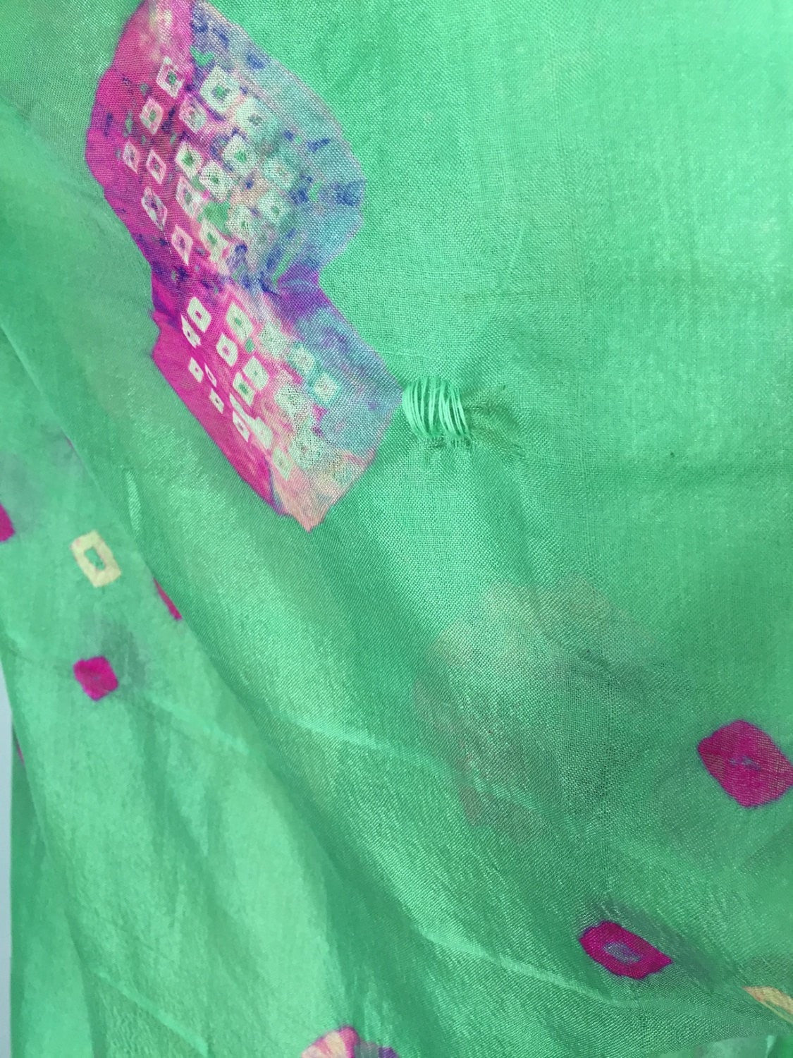 Silk Sari Robe / Green & Pink Shibori Print - ThisBlueBird