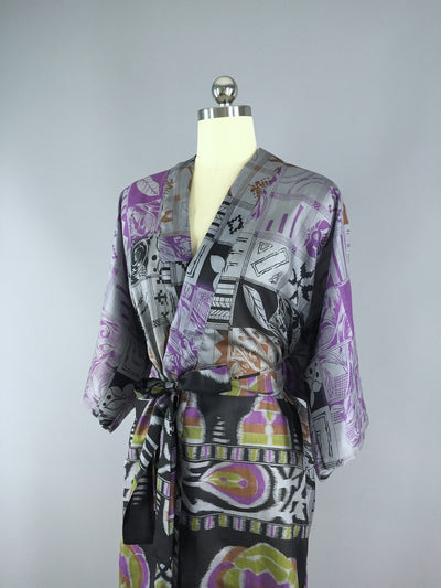 Silk Sari Robe / Grey & Black Floral Print - ThisBlueBird