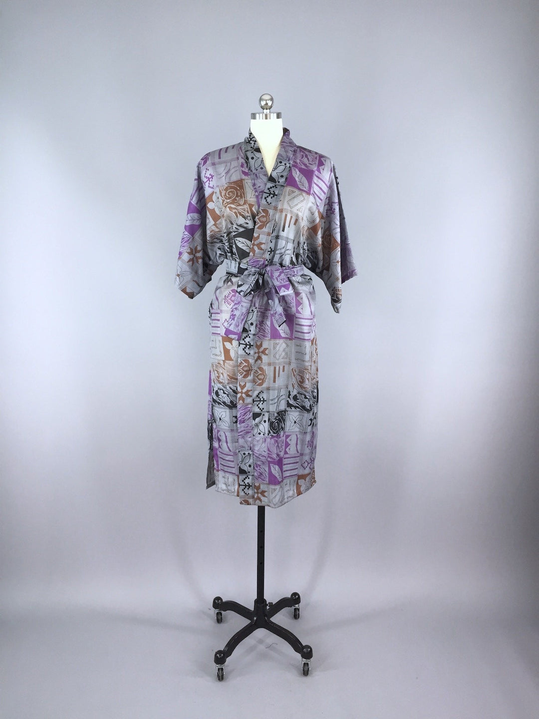 Silk Sari Robe / Grey &amp; Purple Abstract Floral Print - ThisBlueBird