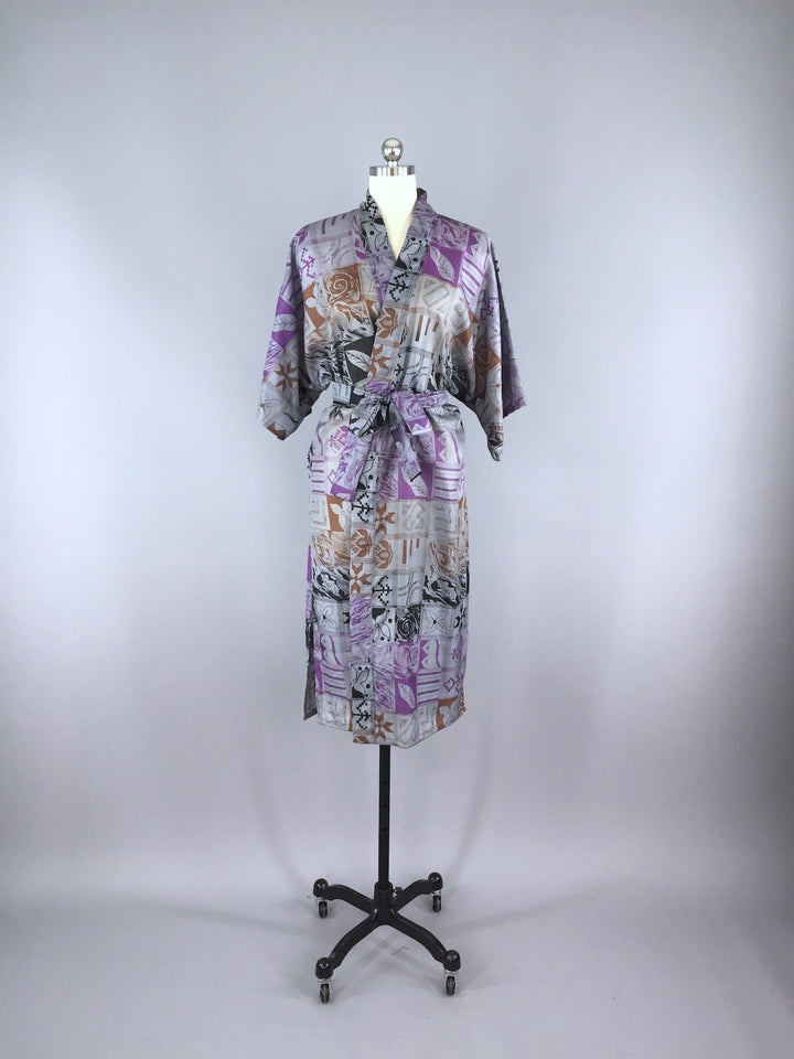 Silk Sari Robe / Grey &amp; Purple Abstract Floral Print - ThisBlueBird