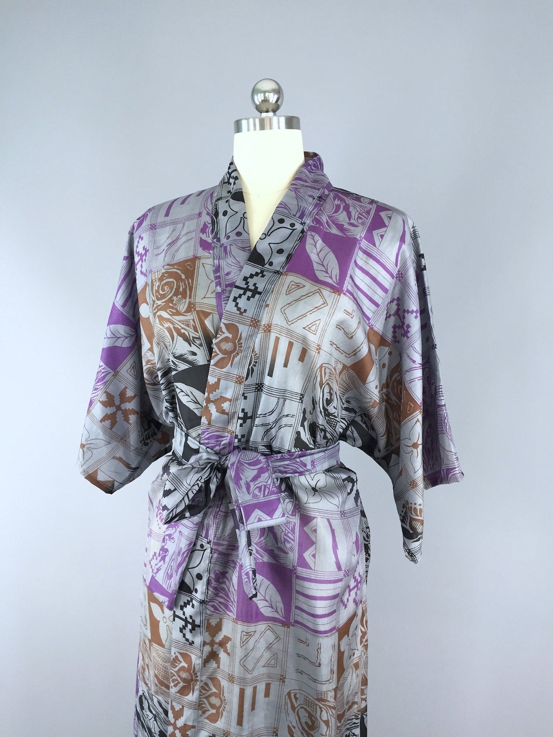 Silk Sari Robe / Grey &amp; Purple Abstract Floral Print - ThisBlueBird