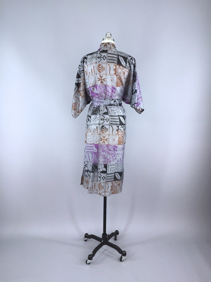 Silk Sari Robe / Grey &amp; Purple Abstract Floral Print - ThisBlueBird