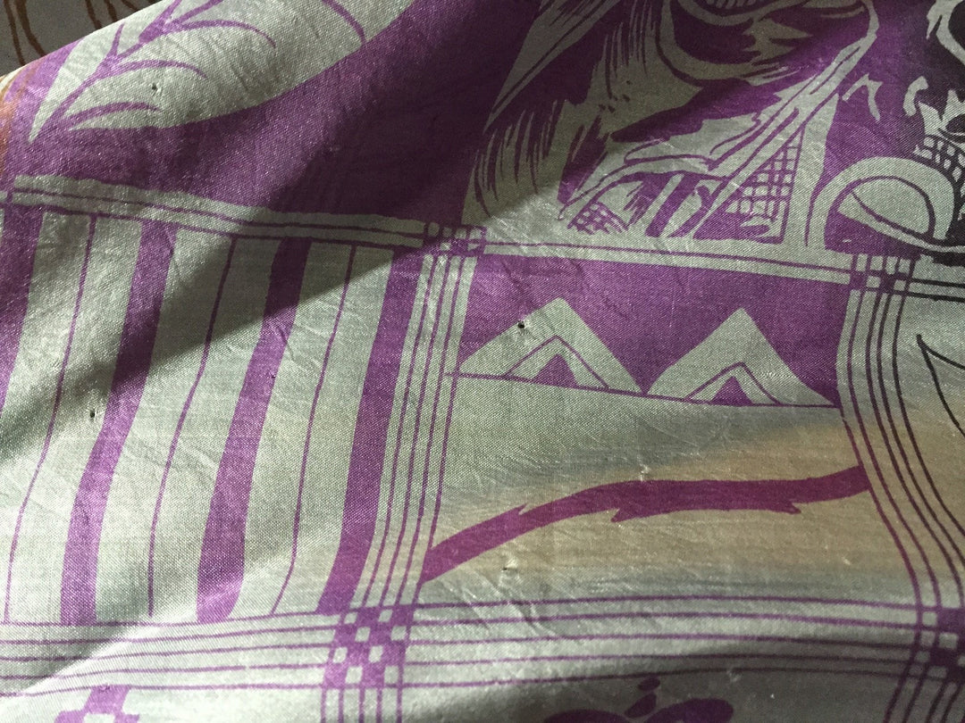 Silk Sari Robe / Grey &amp; Purple Abstract Floral Print - ThisBlueBird
