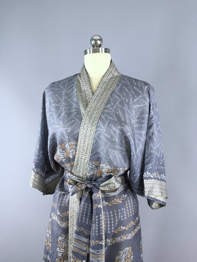 Silk Sari Robe / Grey & Tan Floral Print - ThisBlueBird