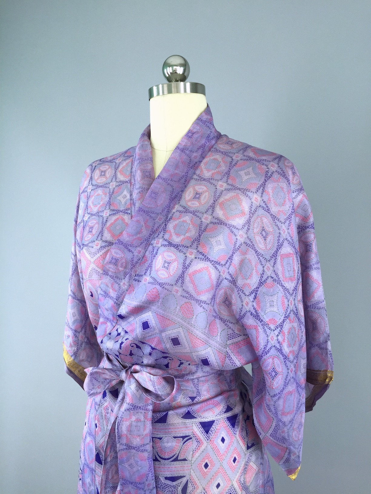Sari Robe Silk Sari Robe / Lavender & Blue Abstract – ThisBlueBird