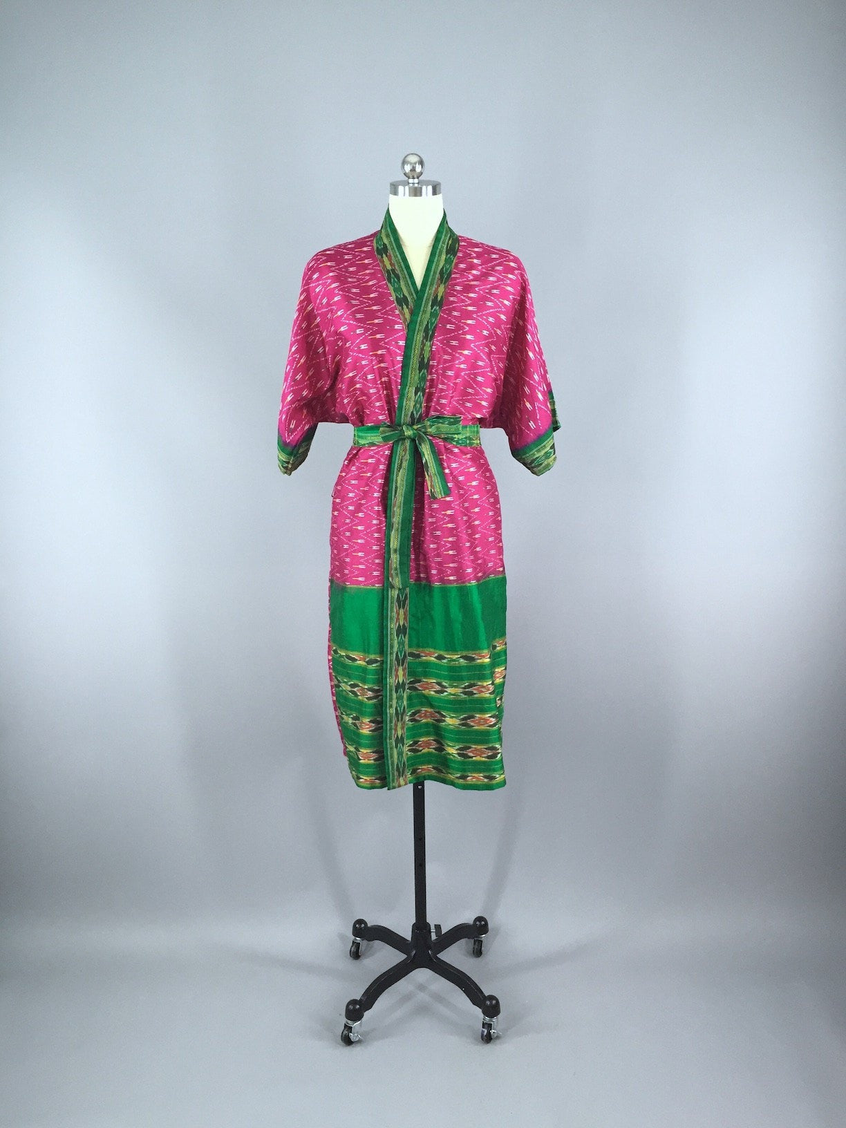Silk Sari Robe / Magenta Pink & Green Ikat - ThisBlueBird