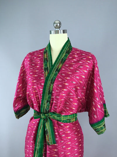 Silk Sari Robe / Magenta Pink & Green Ikat - ThisBlueBird
