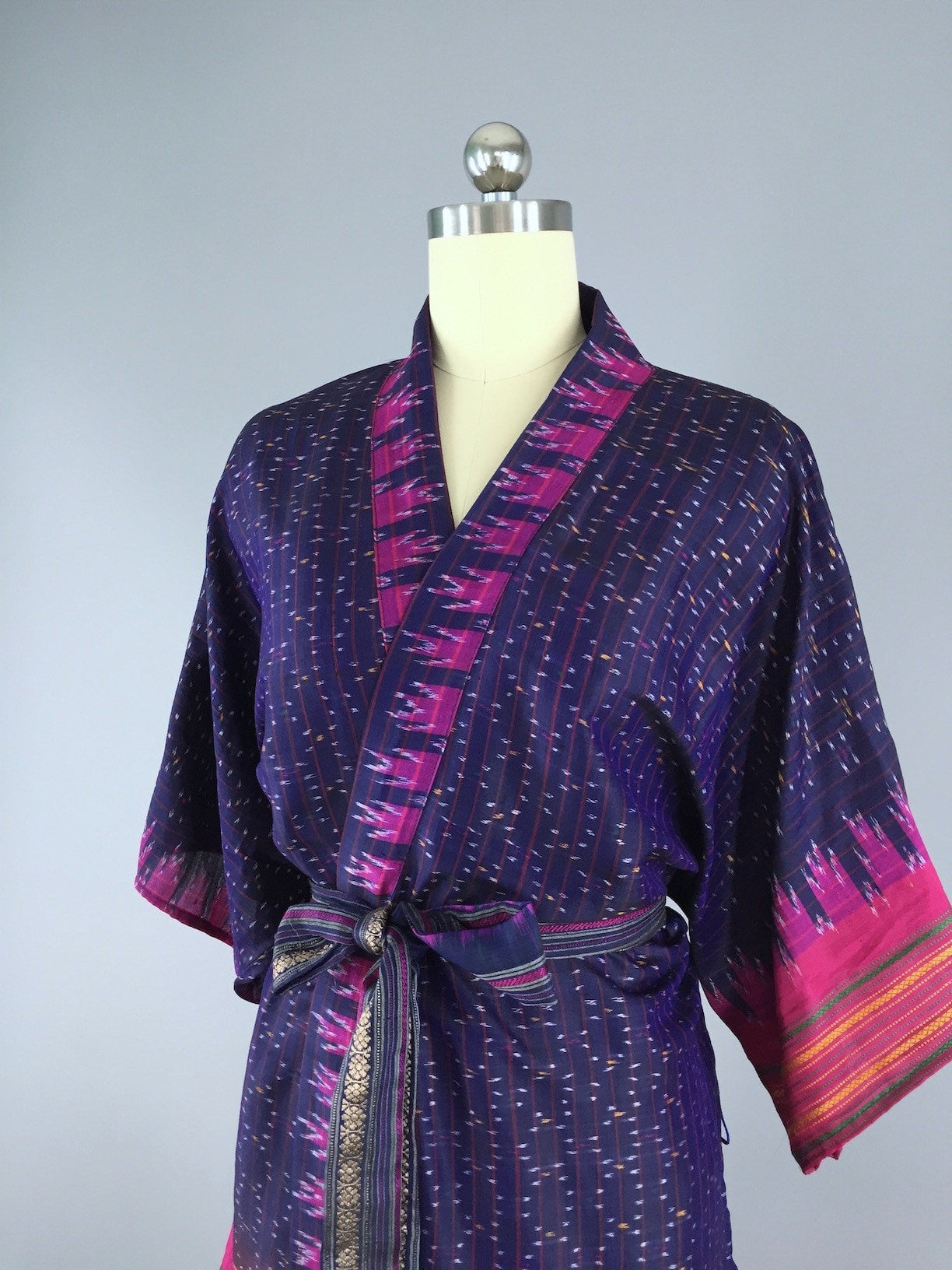 Silk Sari Robe / Navy Blue and Pink Ikat - ThisBlueBird
