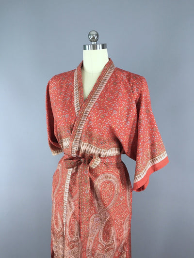 Silk Sari Robe / Orange Paisley Floral Print - ThisBlueBird
