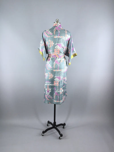 Silk Sari Robe / Peach & Grey Abstract Floral Print - ThisBlueBird