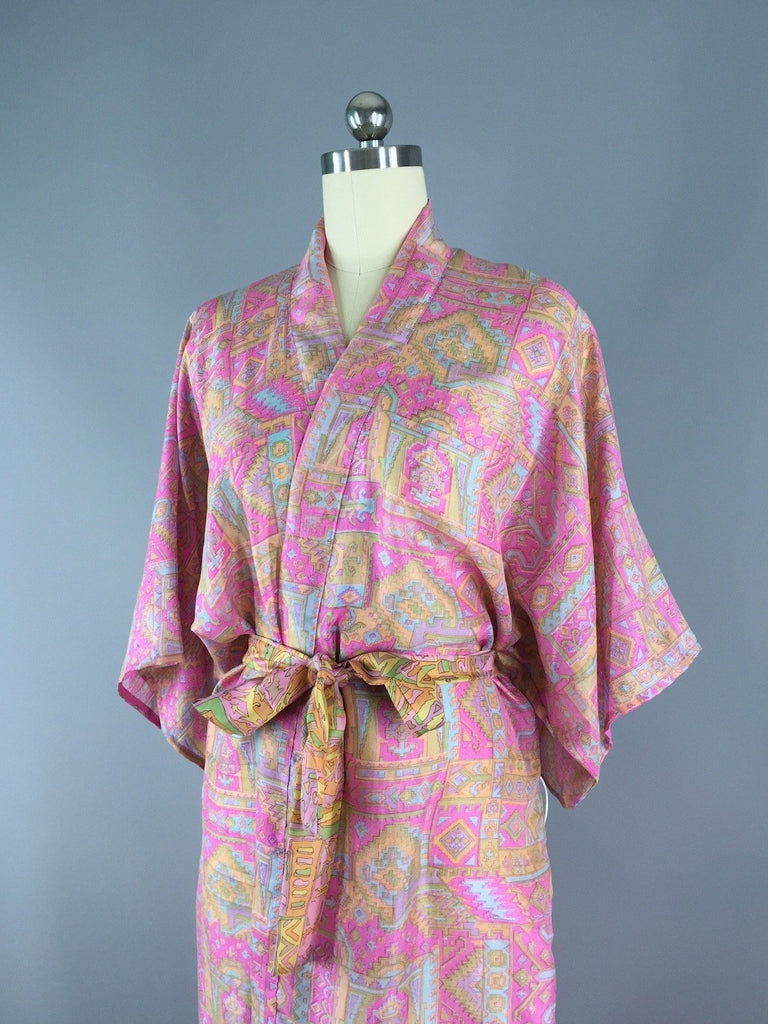 Silk Sari Robe / Pink Abstract Print - ThisBlueBird