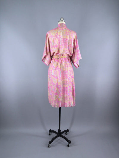 Silk Sari Robe / Pink Abstract Print - ThisBlueBird