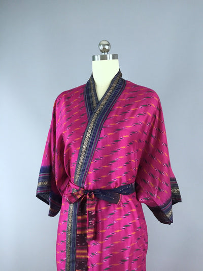 Silk Sari Robe / Pink and Navy Blue Ikat - ThisBlueBird