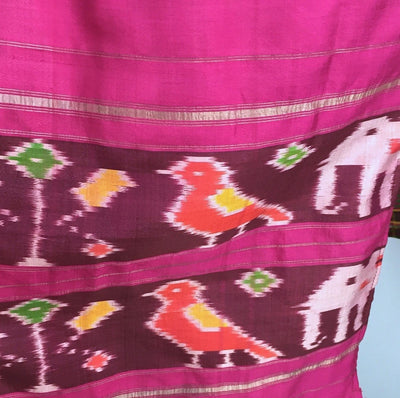 Silk Sari Robe / Pink & Brown Ikat Birds - ThisBlueBird