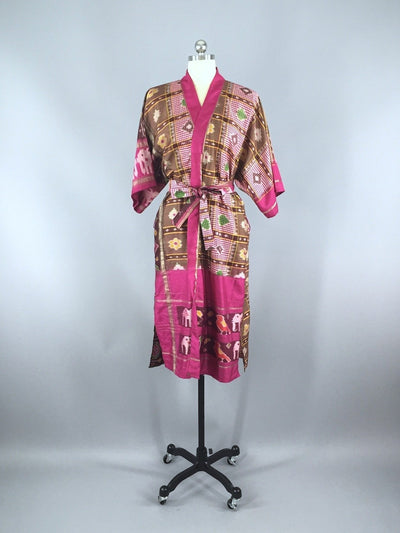 Silk Sari Robe / Pink & Brown Ikat Birds - ThisBlueBird