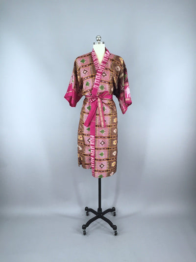 Silk Sari Robe / Pink & Brown Ikat - ThisBlueBird
