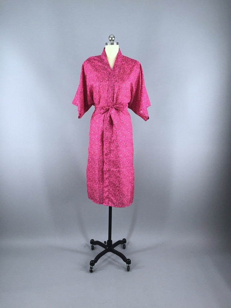 Silk Sari Robe / Pink Floral Print - ThisBlueBird