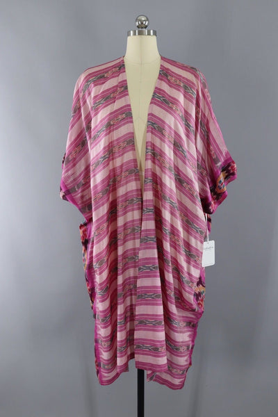 Silk Sari Robe / Pink Ikat Stripes - ThisBlueBird